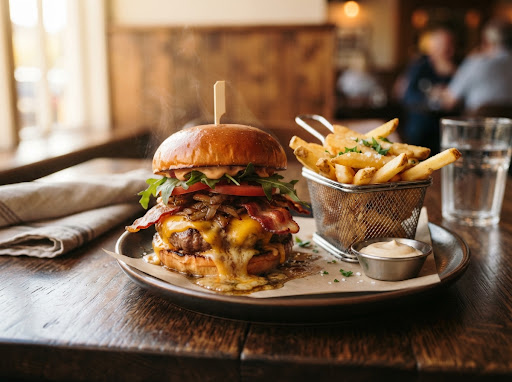 Lanche mineiro com queijo derretido e batatas fritas