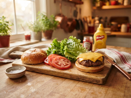 Ingredientes frescos de lanche sobre bancada de madeira